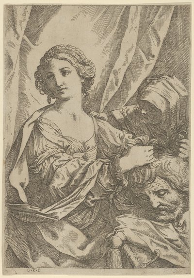 ホロフェルネスの頭の髪をつかみ、左を向いているジュディス、古い絵画、1600-1640。 作： Giovanni Andrea Sirani