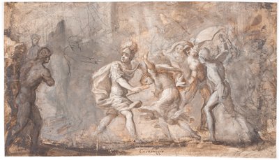 サビニの盾の下で押しつぶされるタルペイア 作： Giovanni Angelo Canini