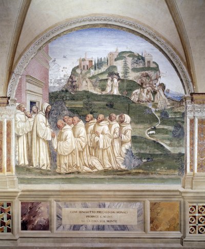ベネディクトは山の頂上に源を作った アントニオ・バッツィ・ディット・イル・ソドマ（1477 - 1549）が作った回廊のフレスコ画では、ベネディクト会の創設者であるヌルシーの聖ベネディクト（480 - 567）の生涯が描かれている 1503 - 1508 モンテ・オリヴェート大修道院 作： Giovanni Antonio Bazzi Sodoma