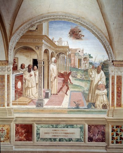 Benoit liberates a monk possede by a demon (st Benedict released a man possessed by the devil) アントニオ・バッツィ・ディット・イル・ソドマ(1477 - 1549)による聖ベネディクトの生涯を描いた回廊のフレスコ画 (480 - 567) ベネディクト修道会の創設者 作： Giovanni Antonio Bazzi Sodoma