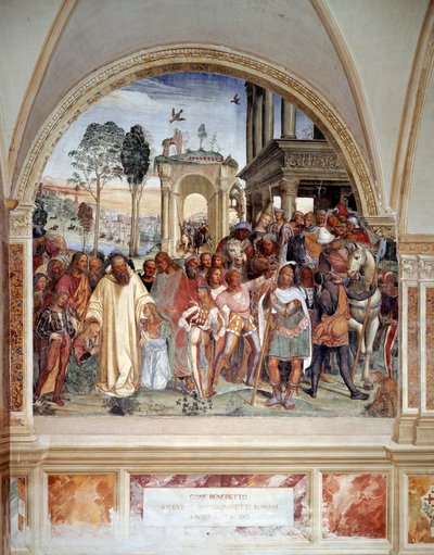 Benoit receive two young Romans Maur and Placide (st Benedict receives the two novel boys Mauro and Placido) Antonio Bazzi dit il Sodoma (1477 - 1549)が作成した回廊のフレスコ画で、聖ベネディクト・オブ・ヌルシー(480 - 567)の生涯が描かれている。 作： Giovanni Antonio Bazzi Sodoma