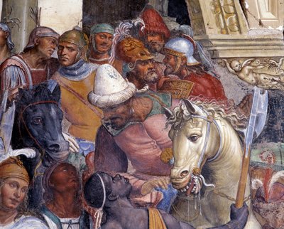 Comment Benedict meets the two young Romans Maur and Placid (St Benedict meets the young novel Maurus and Placid) アントニオ・バッツィ・ディット・イル・ソドマ（1477 - 1549）がヌルシーの聖ベネディクト（480 - 567）の生涯を再現して作った回廊の詳細なフレスコ画。 作： Giovanni Antonio Bazzi Sodoma