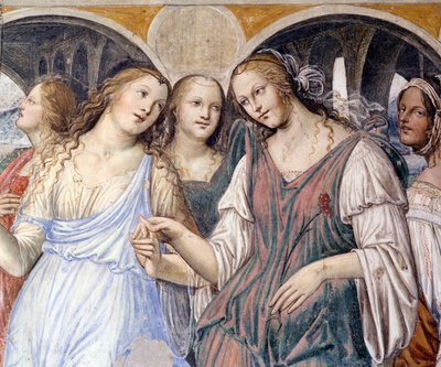 フロレンツォは修道院に娼婦を送った（Florenzo sends courtesans to the monastery of st Benedict） 聖ベネディクト（480 - 567）の生涯を描いたアントニオ・バッツィ・ディット・イル・ソドマ（1477 - 1549）が実現したクロイトレの詳細なフレスコ画 作： Giovanni Antonio Bazzi Sodoma