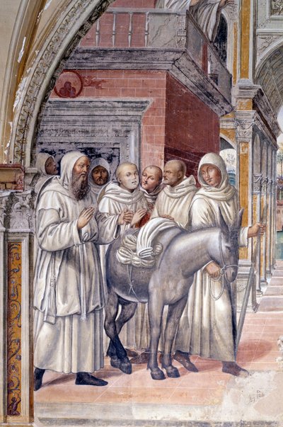 フロレンツォは修道院に娼婦を送った（Florenzo sends courtesans to the monastery of st Benedict） 聖ベネディクト（480 - 567）の生涯を描いたアントニオ・バッツィ・ディット・イル・ソドマ（1477 - 1549）が実現したクロイトレの詳細なフレスコ画 作： Giovanni Antonio Bazzi Sodoma
