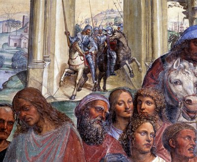 How Benedict meets the young Romans Maur and Placid（聖ベネディクトが若い小説のマウルスとプラシッドに出会う） ローマを去る若者の護衛の詳細 - 聖人の生涯を語るアントニオ・バッツィ・ディット・イル・ソドマ（1477 - 1549）が作ったクロイトレのフレスコ画 作： Giovanni Antonio Bazzi Sodoma
