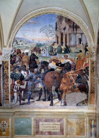 ベネディクトがモンテ・カッシーノの破壊をどのように予言したか（St Benedict predicts the destruction of Monte Cassino） 詳細 - アントニオ・バッツィ・ディット・イル・ソドマ（1477 - 1549）が作った回廊のフレスコ画で、ヌルシーの聖ベネディクト（480 - 567）の生涯を描いている。 作： Giovanni Antonio Bazzi Sodoma