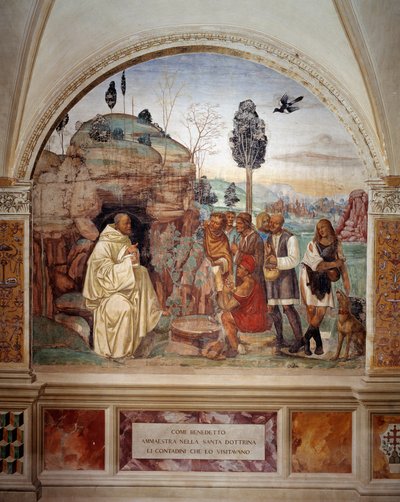 How Benedict teaches the holy doctrine to the peasants who visits him (聖ベネディクトは彼を訪れた農民に聖なる教義を教える) Antonio Bazzi dit il Sodoma (1477 - 1549) が作った回廊のフレスコ画で、ナースの聖ベネディクトの生涯を語る。 作： Giovanni Antonio Bazzi Sodoma