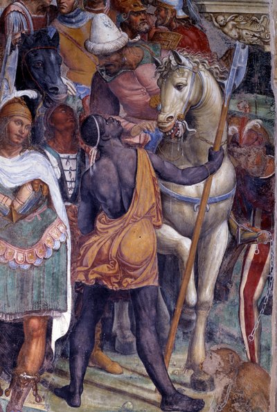 How Benoit meets the two young Romans Maur and Placide (st Benedict meets the young novels Maurus and Placid) 若者の護衛の詳細 - 聖ベネディクトの生涯を語るAntonio Bazzi dit il Sodoma (1477 - 1549)が作ったクロイトレのフレスコ画 作： Giovanni Antonio Bazzi Sodoma