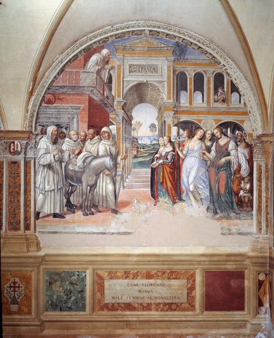 How Fiorenzo sends prostitutes at the monastery (How Fiorenzo sends prostitutes at the monastery) - Antonio Bazzi dit il Sodoma (1477 - 1549)が制作した回廊のフレスコ画で、修道会の創設者であるヌルシアの聖ベネディクト(480 - 567)の生涯を描いたものです。 作： Giovanni Antonio Bazzi Sodoma