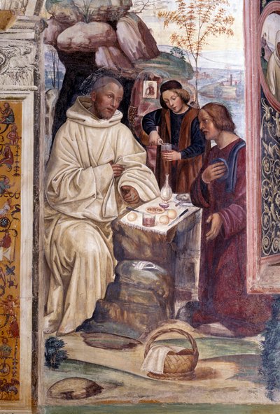 How a priest brought food to Benedict on Easter (a priest brought food to Benedict on Easter) Detail - Antonio Bazzi dit il Sodoma (1477 - 1549)が製作した回廊のフレスコ画で、ベン修道会の創設者である聖ベネディクト・オブ・ヌルシア(480 - 567)の生涯を描いたもの。 作： Giovanni Antonio Bazzi Sodoma