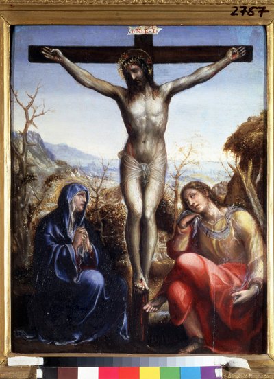 La crucifixion avec la Vierge et Jean Baptiste (聖母と洗礼者ヨハネの磔刑)。 十字架に「I.N.R.I.」（INRI）の碑文。 ソドマ（またはジョヴァンニ・アントニオ・バッツィ）の絵 作： Giovanni Antonio Bazzi Sodoma
