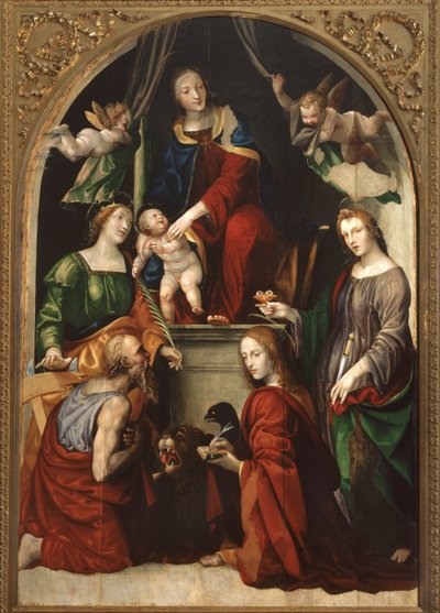 聖人の間のマドンナと子供と天使ジェローム、アレクサンドリアのキャサリン、ルーシーと伝道者のジョン、1513年 作： Giovanni Antonio Bazzi Sodoma