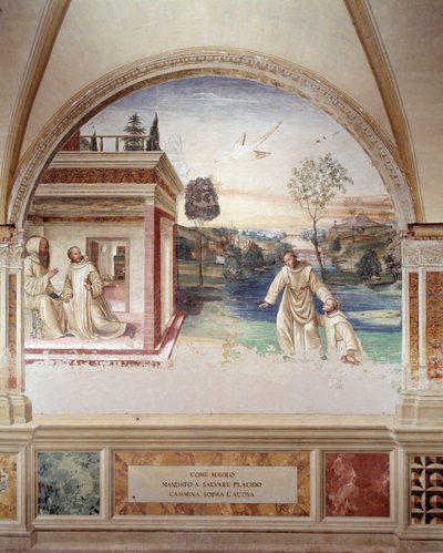 St Maur walks on water to rescue st Placid (St Maurus walks on water to rescue st Placid) Antonio Bazzi dit il Sodoma (1477 - 1549) が制作した回廊のフレスコ画で、ベネディクト会の創設者である聖ベネディクト・オブ・ヌルシー (480 - 567) の生涯が描かれている。 作： Giovanni Antonio Bazzi Sodoma