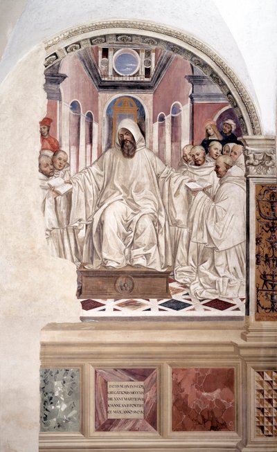 聖ベネディクトが修道士に規則を与える（Benedict gives the rule to the monks）アントニオ・バッツィ・ディット・イル・ソドマ（1477 - 1549）が作った回廊のフレスコ画で、聖ベネディクト・オブ・ヌルシー（480 - 567）の生涯を描いたもの 1503年 作： Giovanni Antonio Bazzi Sodoma