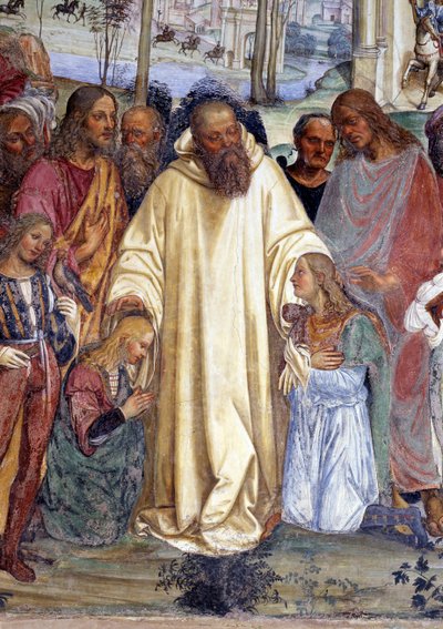 聖ベネディクトが二人の若いローマ人、マウルスとプラシドを迎え入れる（st Benedict meets two young novels, Maurus and Placid） ヌルシーの聖ベネディクト（480 - 567）の生涯を描いたアントニオ・バッツィ・ディット・イル・ソドマ（1477 - 1549）作のクロイトレの詳細なフレスコ画 fo 作： Giovanni Antonio Bazzi Sodoma