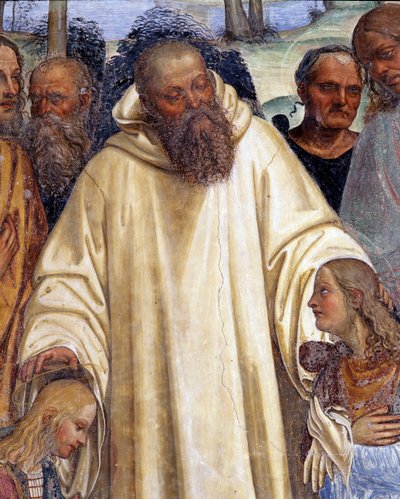 聖ベネディクトが二人の若いローマ人、マウルスとプラシドを迎え入れる（st Benedict meets two young novels, Maurus and Placid） ヌルシーの聖ベネディクト（480 - 567）の生涯を描いたアントニオ・バッツィ・ディット・イル・ソドマ（1477 - 1549）作のクロイトレの詳細なフレスコ画 fo 作： Giovanni Antonio Bazzi Sodoma