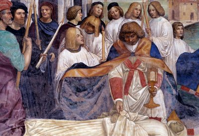 聖ベネディクトはキリストの体を、大地が埋めることを拒んだ修道士の体の上に乗せています Detail fresco of the cloitre realised by Antonio Bazzi dit il Sodoma (1477 - 1549) recounting the life of Saint Benedict of Nursie (480 - 567) founder of the Orde 作： Giovanni Antonio Bazzi Sodoma