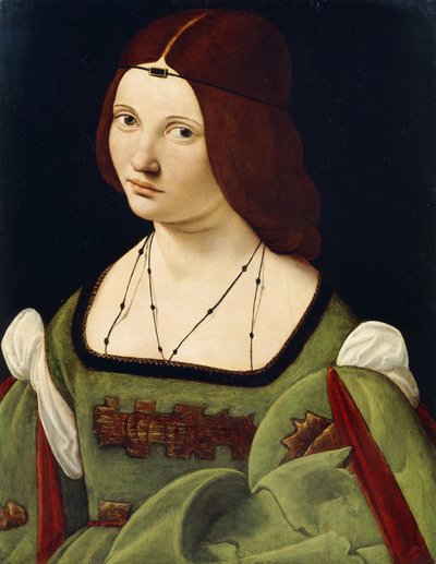 緑のドレスを着た、ハーフレングスのClarice Pusterlaと呼ばれる女性の肖像画。 作： Giovanni Antonio Boltraffio