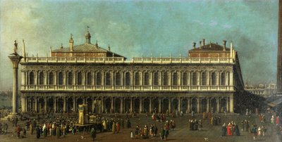 図書館とピアツェッタ、ヴェネツィア、多数の人物と人形劇で西を見る、1740年頃 作： Giovanni Antonio Canal