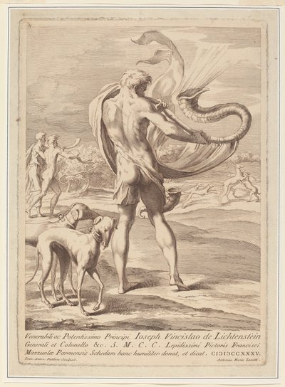 巻貝を吹く裸の男 作： Giovanni Antonio Faldoni after Parmigianino