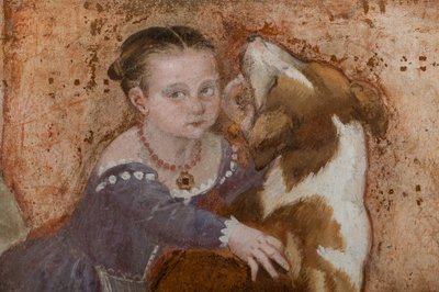 小さな女の子と犬、バンケットの詳細、1570年頃（フレスコ画） 作： Giovanni Antonio Fasolo