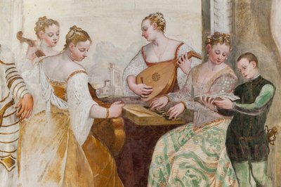 少年と宮廷の女性、コンサートの詳細、メインホール、1570年頃（フレスコ画） 作： Giovanni Antonio Fasolo