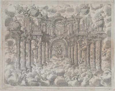プレート 2 [counterproof]: 雲の中に座っている寓話的な人物がいる舞台セット、...、1690 年。 作： Giovanni Antonio Lorenzini