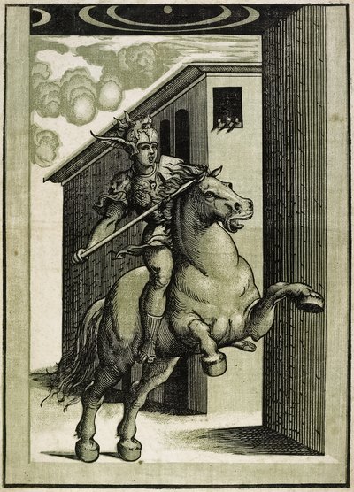 マーカスクルティウス、1540年頃（3ブロックのキアロスクーロ木版） 作： Giovanni Antonio Pordenone