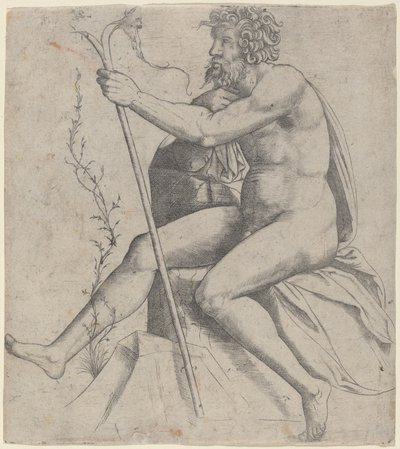 二股の杖を持って座っている男性 作： Giovanni Antonio da Brescia