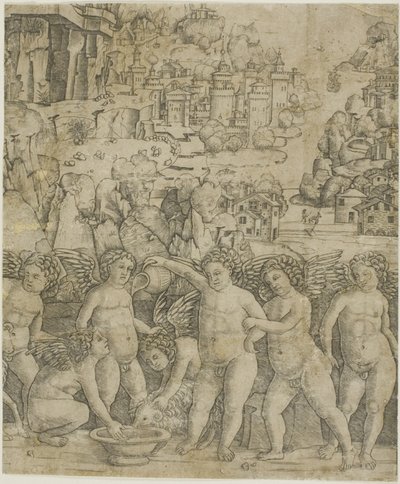 風景の中の 2 つの雄羊を持つ 7 つのキューピッド 作： Giovanni Antonio da Brescia