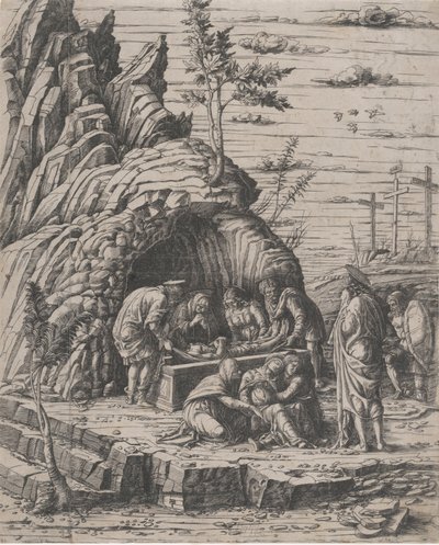 2 人の男性によって石の墓に降ろされているキリストの埋葬...、約。 1470-1500。 作： Giovanni Antonio da Brescia