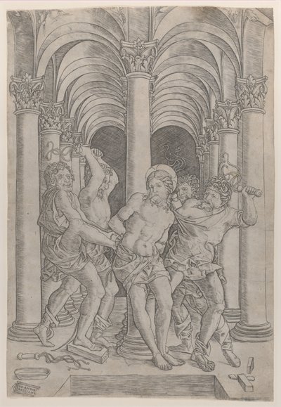 アーケード内に設置された中央の柱に結び付けられたキリストの鞭打ち, 1509., 1509. 作： Giovanni Antonio da Brescia