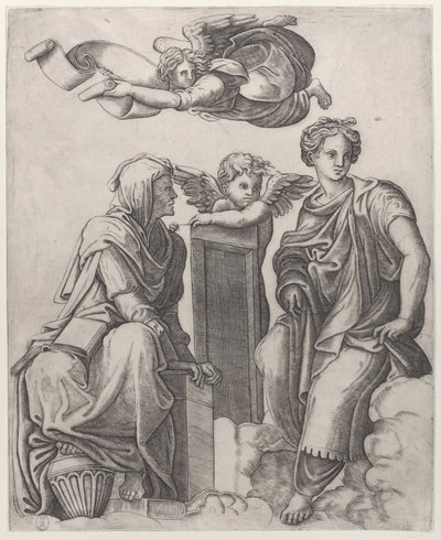 雲の中に座っている 2 人の女性像が天使とその上空を飛んでいる..., ca. 1510-25。 作： Giovanni Antonio da Brescia