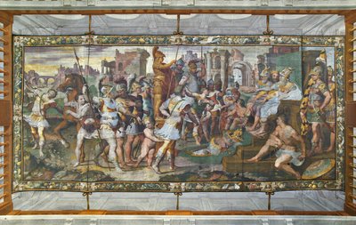 法廷でアキレスの鎧をめぐって争うユリシーズとアヤックス、ユリシーズ ホール (フレスコ画) 作： Giovanni Battista Castello
