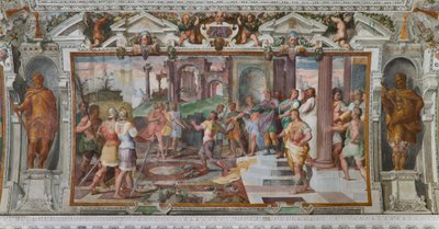 ユリシーズの物語：パイアキア人の宮廷で投石するゲームの詳細、1560年頃（フレスコ画）（3606285の詳細） 作： Giovanni Battista Castello