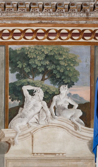 民宿、田園風景の部屋：サテュロスとメナードを表現したモノクロームのフレスコ画 作： Giovanni Battista Tiepolo