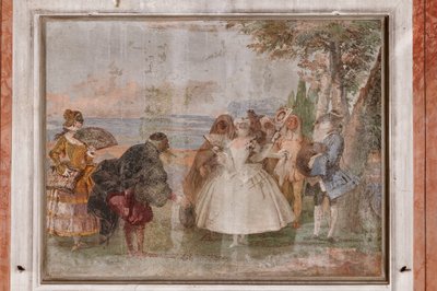 ゲスト宿泊施設、カーニバルシーンの部屋：「パンタローネとコロンビーナ」、マスクのあるシーン 作： Giovanni Battista Tiepolo