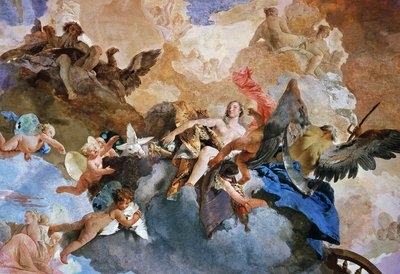 クロノスによるヴィーナスの誘拐、ジャンバッティスタ・ティエポロ（1696-1770）のフレスコ画「太陽の戦車のコース」の細部、タペストリーギャラリー、クレリチ宮殿、ミラノ、ロンバルディア州、イタリア 作： Giovanni Battista Tiepolo