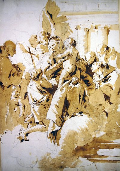 聖母子と天使、聖人、幼い洗礼者ヨハネ（紙にペン、茶インク、ウォッシュ） 作： Giovanni Battista Tiepolo