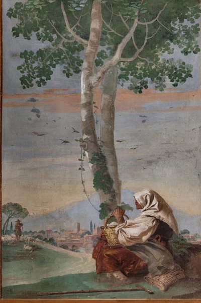 「フォレステリア」からの卵のバスケットを持つ農民の老婆（ゲストハウス） 作： Giovanni Battista Tiepolo