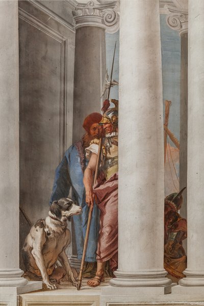 Palazzina (小さな建物)、玄関ホール: 「Aulide のギリシャ艦隊」、犬と兵士を表す詳細 作： Giovanni Battista Tiepolo