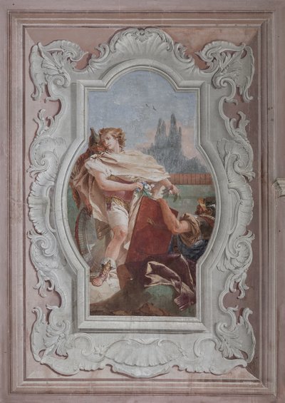 Palazzina (小さな建物): 4 番目の部屋または Torquato Tasso の眺め、「Jerusalem Delivered」のエピソードを表すフリースコ画: 「仲間たちは Rinaldo の前で鏡を持っている」 作： Giovanni Battista Tiepolo