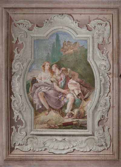 Palazzina (小さな建物): 4 番目の部屋または Torquato Tasso の眺め、「Jerusalem Delivered」のエピソードを表すフリースコ画: 「Rinaldo and Armida in the enchanted garden, in the enchanted garden, in the enchanted garden, in the enchanted garden, in the enchanted garden, in the enchanted garden, 作： Giovanni Battista Tiepolo