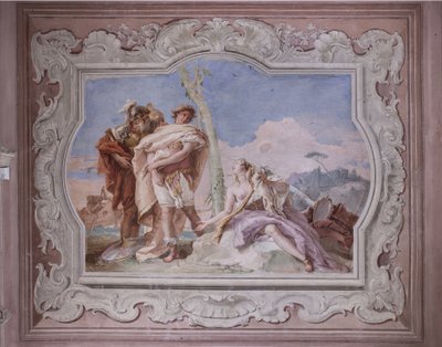 Palazzina (小さな建物): 4 番目の部屋または Torquato Tasso のビュー、「Jerusalem Delivered」のエピソードを表すフリースコア付き: 作： Giovanni Battista Tiepolo