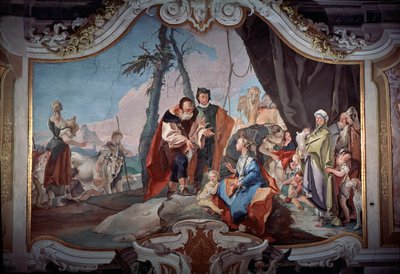 父親のラバンから盗まれた偶像を隠すレイチェル 作： Giovanni Battista Tiepolo