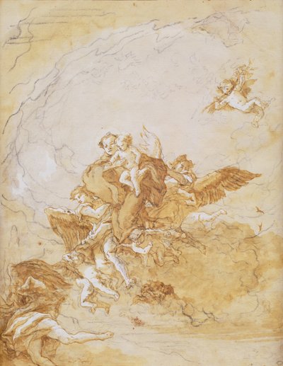 聖アンソニーと天使に支えられたキリストの子（ペンとインク 作： Giovanni Battista Tiepolo