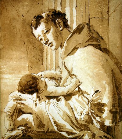 キリストの子を抱く聖アンソニー（ペン、茶インク、ウォッシュ） 作： Giovanni Battista Tiepolo