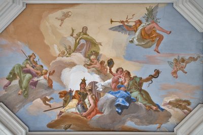 枢機卿の美徳の中に立つ名声によって発表された栄光の勝利 作： Giovanni Battista Tiepolo