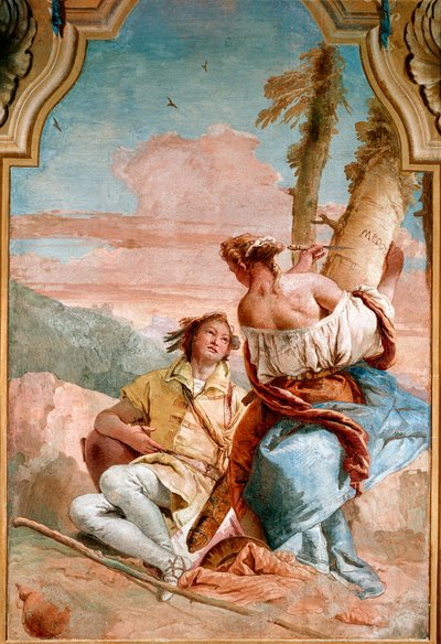 Angelique et Medor - Ludovic Arioste（アリオスト）による『激情のロラン』（Orlando Furioso）の挿絵では、アンジェリカ（Angelica）が入籍したばかりのメドーロ（Medor）の名前を木の幹に刻んでいる様子が描かれている - Giambattista Tiepo（ジャンバッティスタ・ティエポ）によるフレスコ画 作： Giovanni Battista Tiepolo