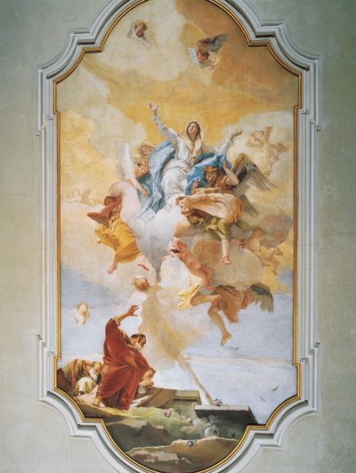 ジョヴァンニ・バッティスタ・ティエポロ（1696-1770）作「聖母被昇天」、フレスコ画、ウディネ「純潔のオラトリオ」より 作： Giovanni Battista Tiepolo